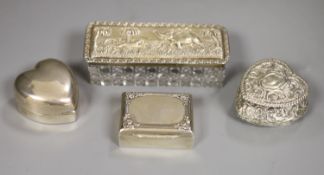 Two Victorian/Edwardian silver heart shaped pill boxes (one with holes), a rectangular snuff box and