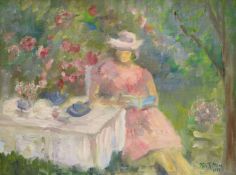 Rita Ritten, oil on canvas, 'Lizzie at peace in her Devon garden', signed and bears date 1933, 29