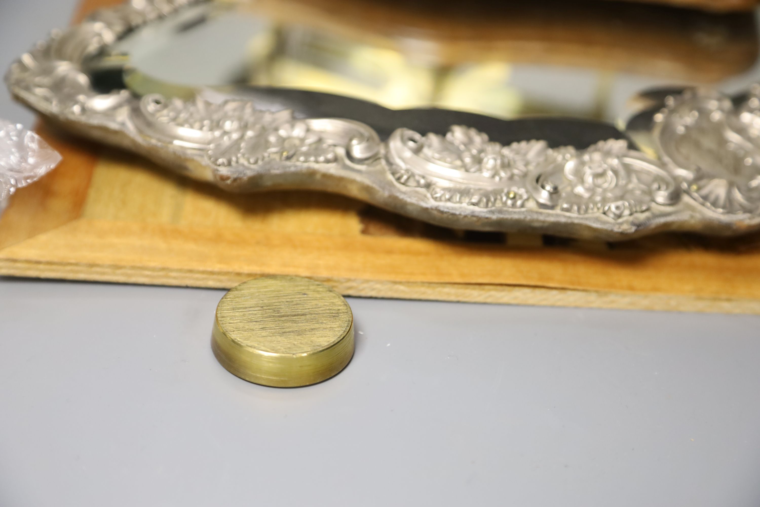 A set of postal scales, a silver overlaid easel mirror, length 36.5cm, and a carved wood panel - Image 2 of 3