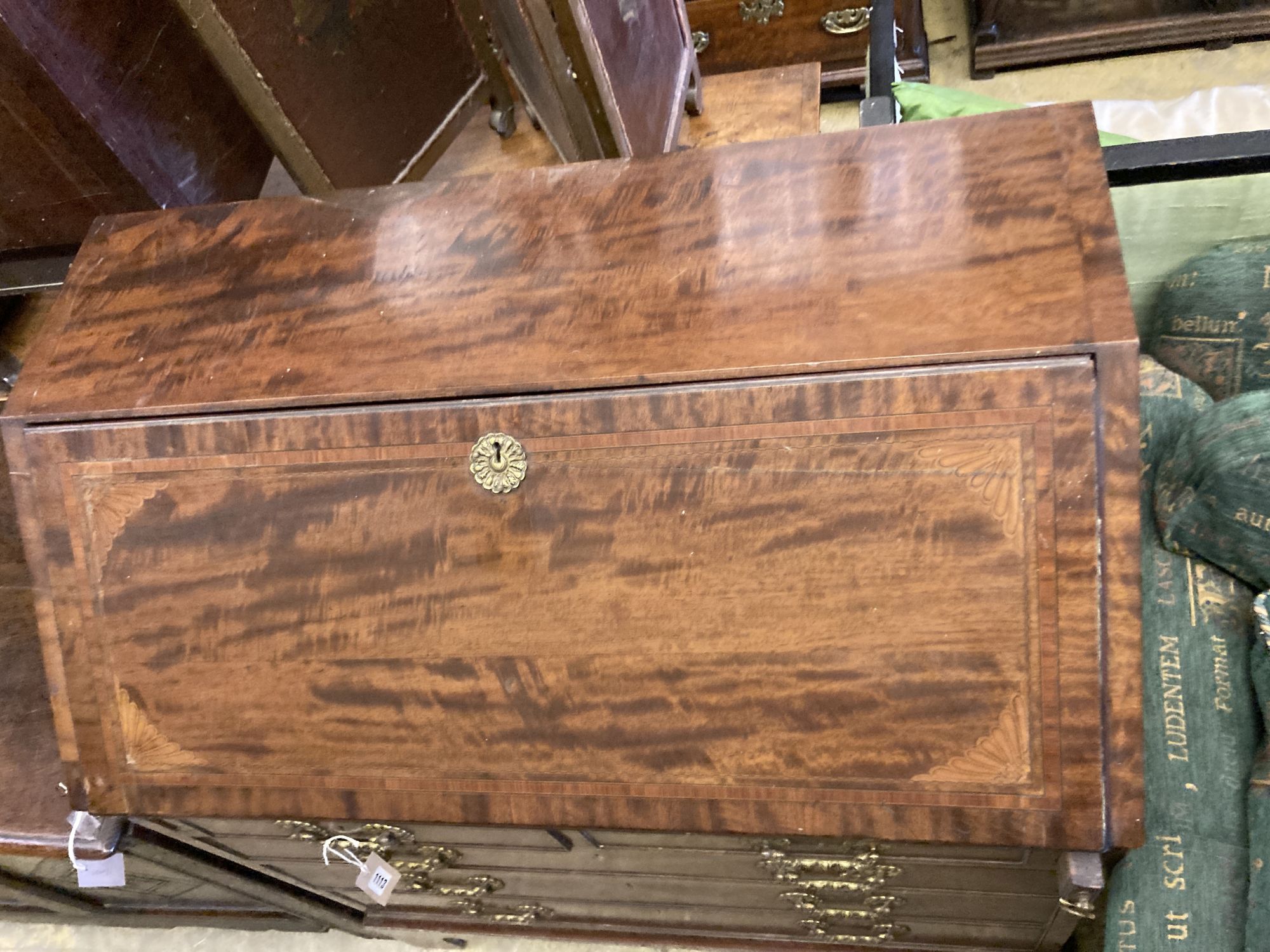 A George III satinwood inlaid mahogany bureau, width 92cm, depth 51cm, height 108cm - Image 3 of 4