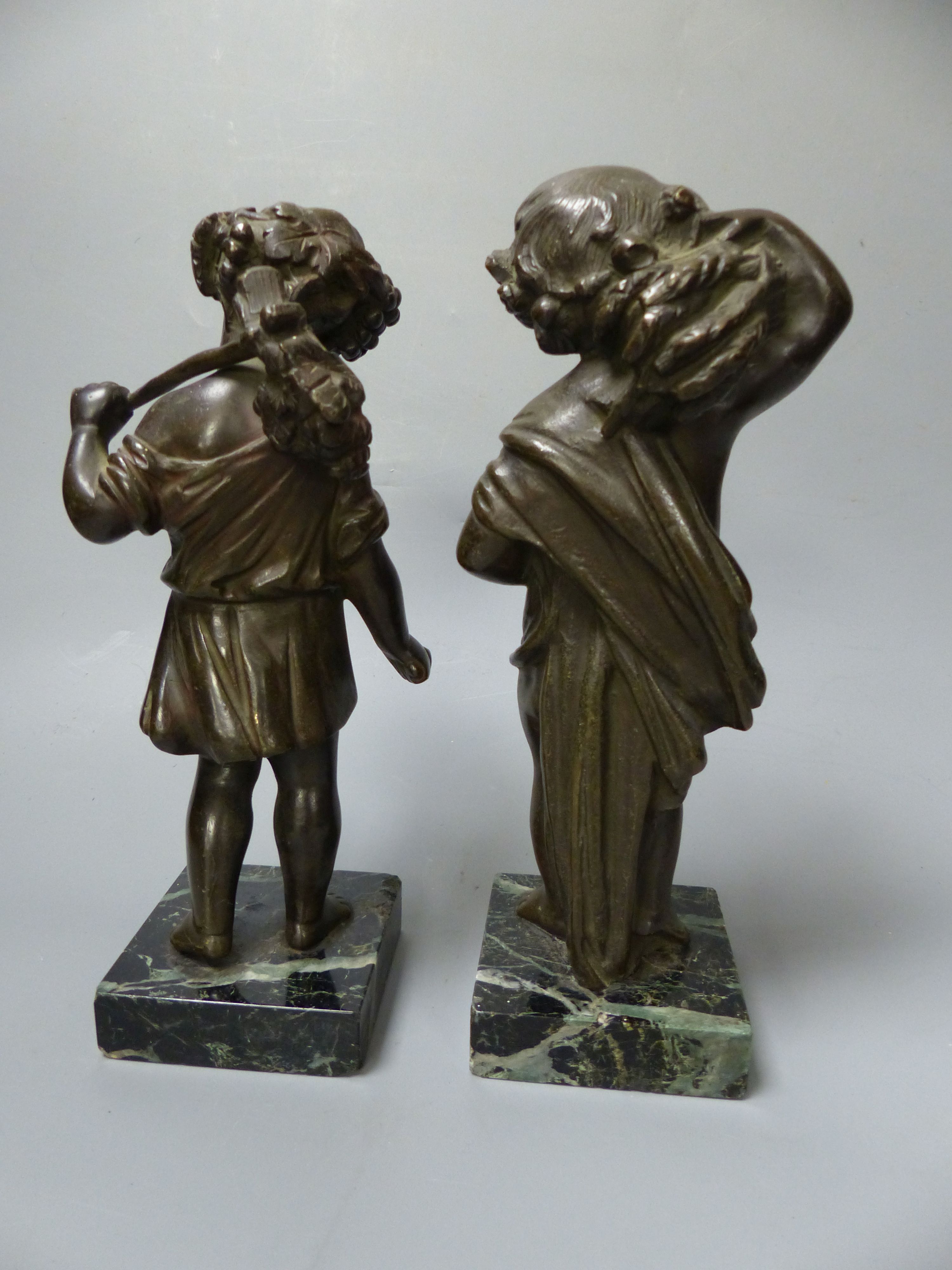 A pair of 19th century bronze figures emblematic of Summer & Autumn, on marble bases, overall 21cm - Image 2 of 4