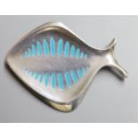 A Georg Jensen 925 and pale blue enamel stylised fish brooch, design no. 343, 57mm, gross 20.3