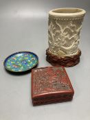 A Chinese cinnabar lacquer box, a carved ivory Chinese brush pot, 14cm and a cloisonne