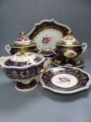 A group of English porcelain blue ground dessert wares, some damage, c.1825