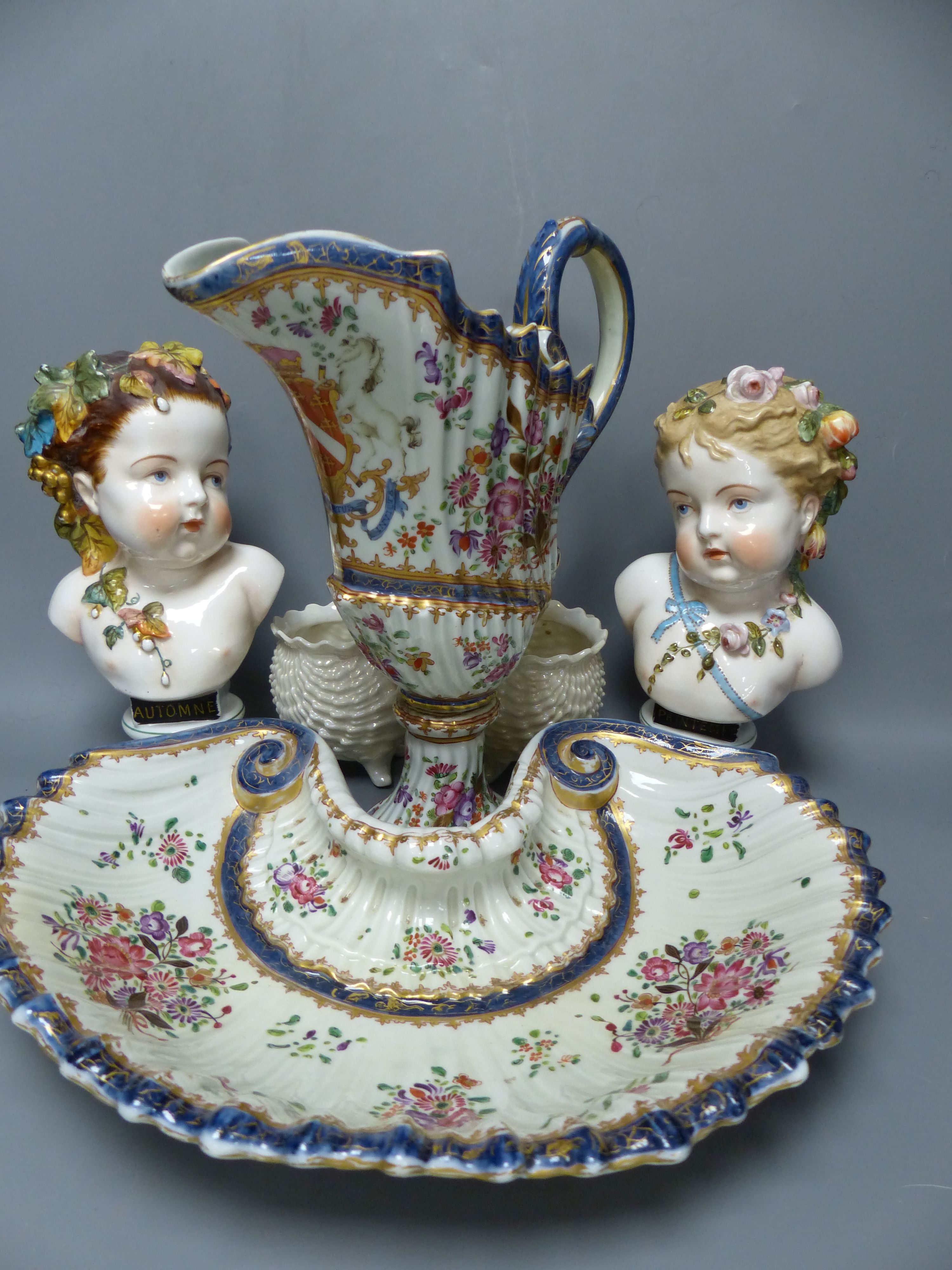 A pair of French porcelain busts 'Automne' and 'Printemps', a Samson ewer and basin in the Chinese