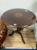 A George III mahogany and later inlaid circular topped tea table, c.1780, diameter 60cm, height