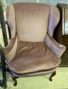 A Queen Anne style upholstered armchair, width 82cm, depth 60cm, height 100cm