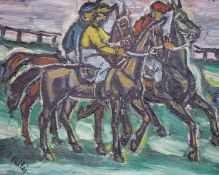 Isaac Pailes (1895-1978), oil on canvas, Jockeys at the start, signed, 18 x 23cm