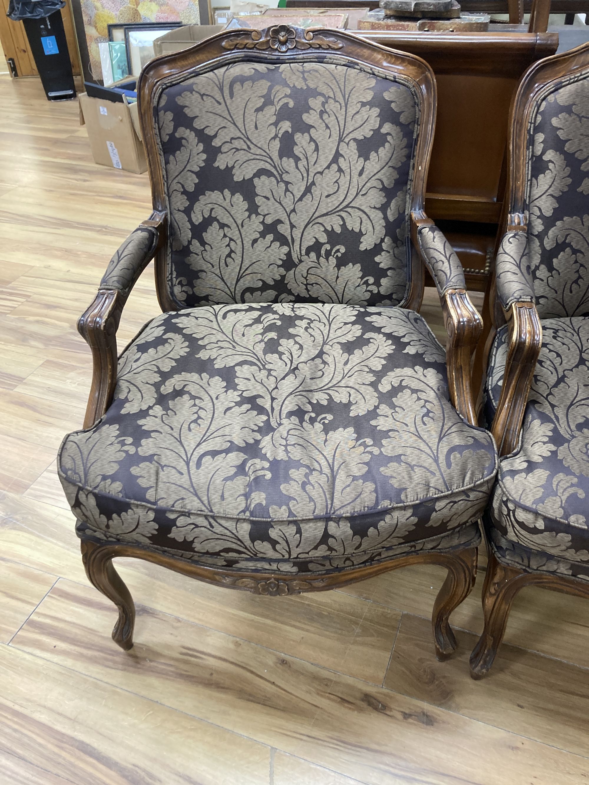 A pair of Louis XVI design beech open armchairs from The Grand Hotel, Brighton, width 65cm, depth - Image 2 of 5