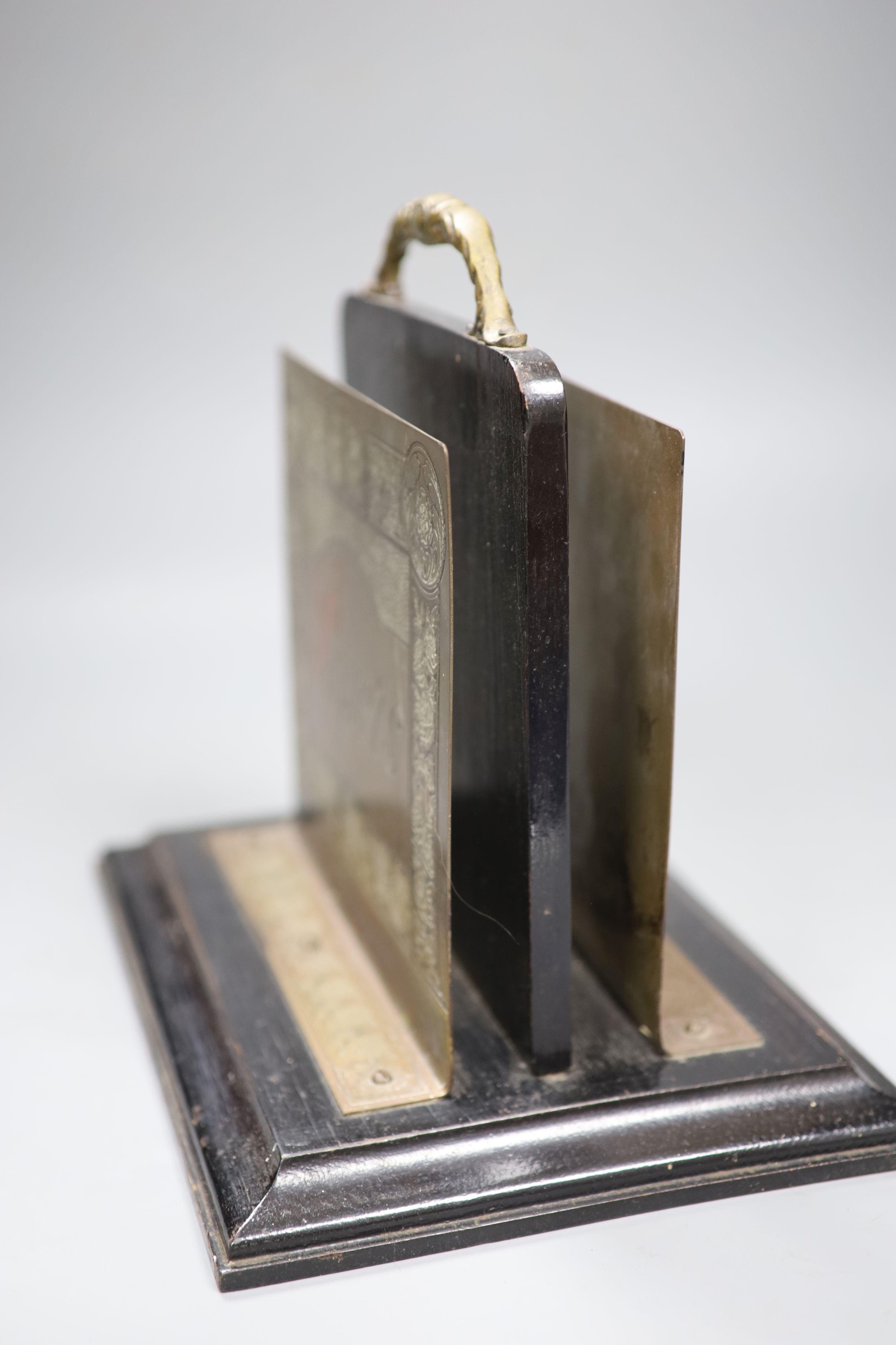 A Victorian oak and brass mounted stationary box and an early 20th century brass and oak 'Papers' - Image 5 of 5