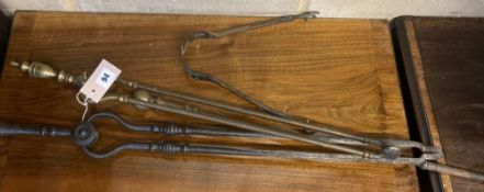 Four iron and brass fire implements