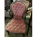 A Victorian walnut button back nursing chair, width 60cm, depth 60cm, height 96cm