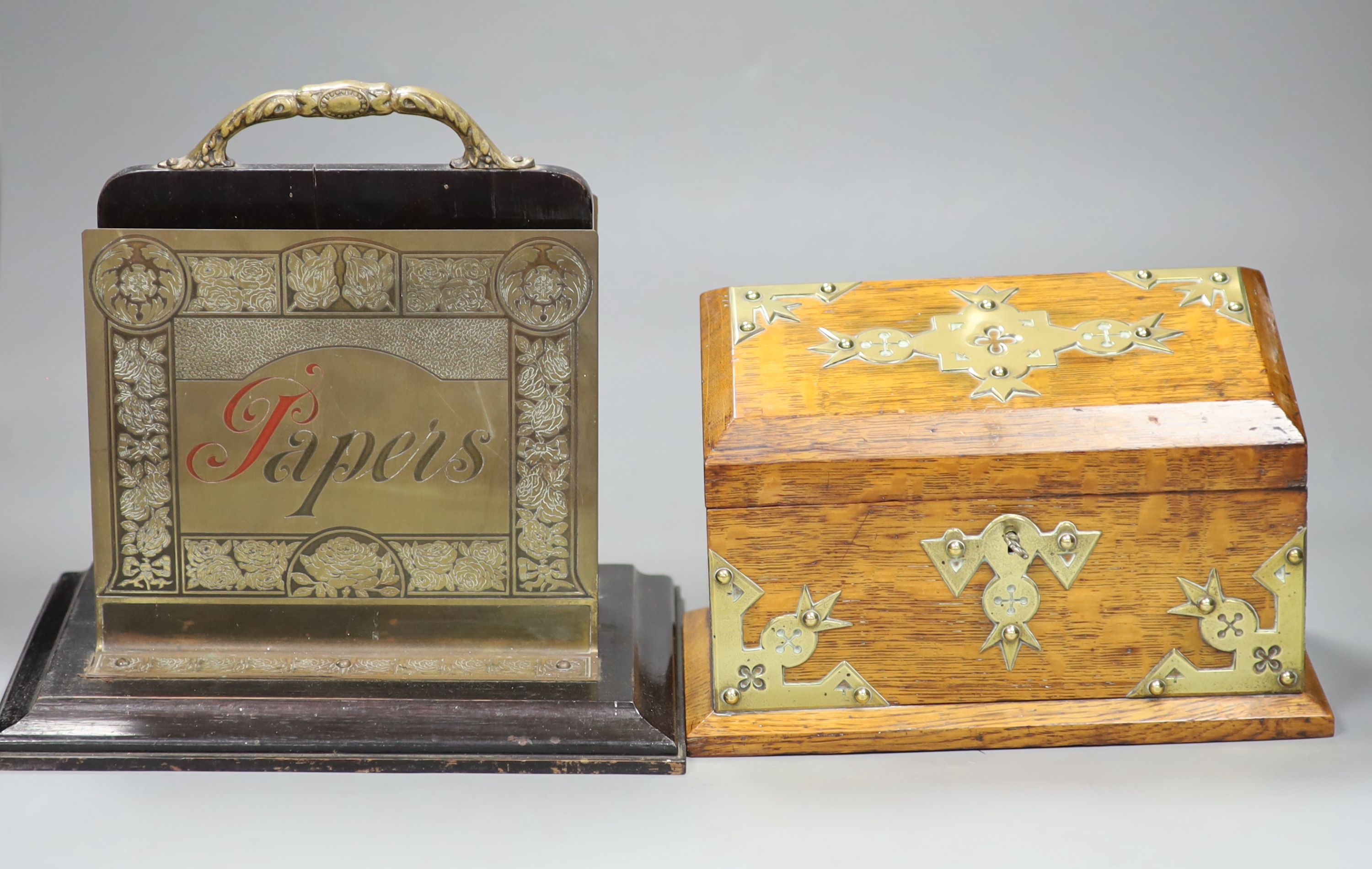 A Victorian oak and brass mounted stationary box and an early 20th century brass and oak 'Papers'