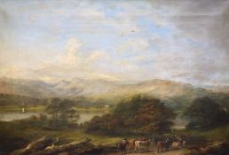J.F Bird (19th C.)oil on canvasCattle drover in a landscapelabel verso52 x 76cm.CONDITION: Oil on