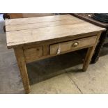 A 19th century pine and fruitwood kitchen table, width 105cm, depth 77cm, height 72cm