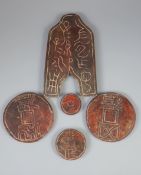 A group of five Chinese stone models of archaic coins from Wu Zhu period etc., 45mm to 187mm, two