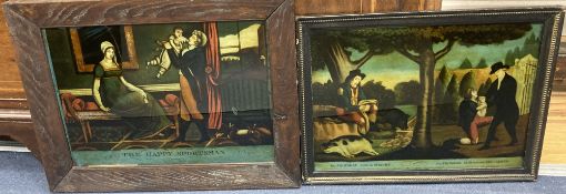 Two early 19th century coloured reverse glass prints, 'The Prodigal Son in Misery and The Prodigal