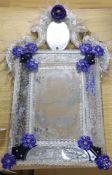 A Venetian engraved mirrored and blue glass wall mirror, length 64cm
