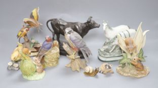 A patinated spelter figure of cow, signed C. Valton and a group of porcelain animal and bird