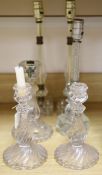 A pair of large glass shades, a pair of glass candlesticks, pair of table lamps etc (8)