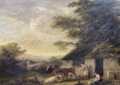 J. F. Bond, 19th century, oil on canvas, Landscape with cattle and two figures beside a cottage,