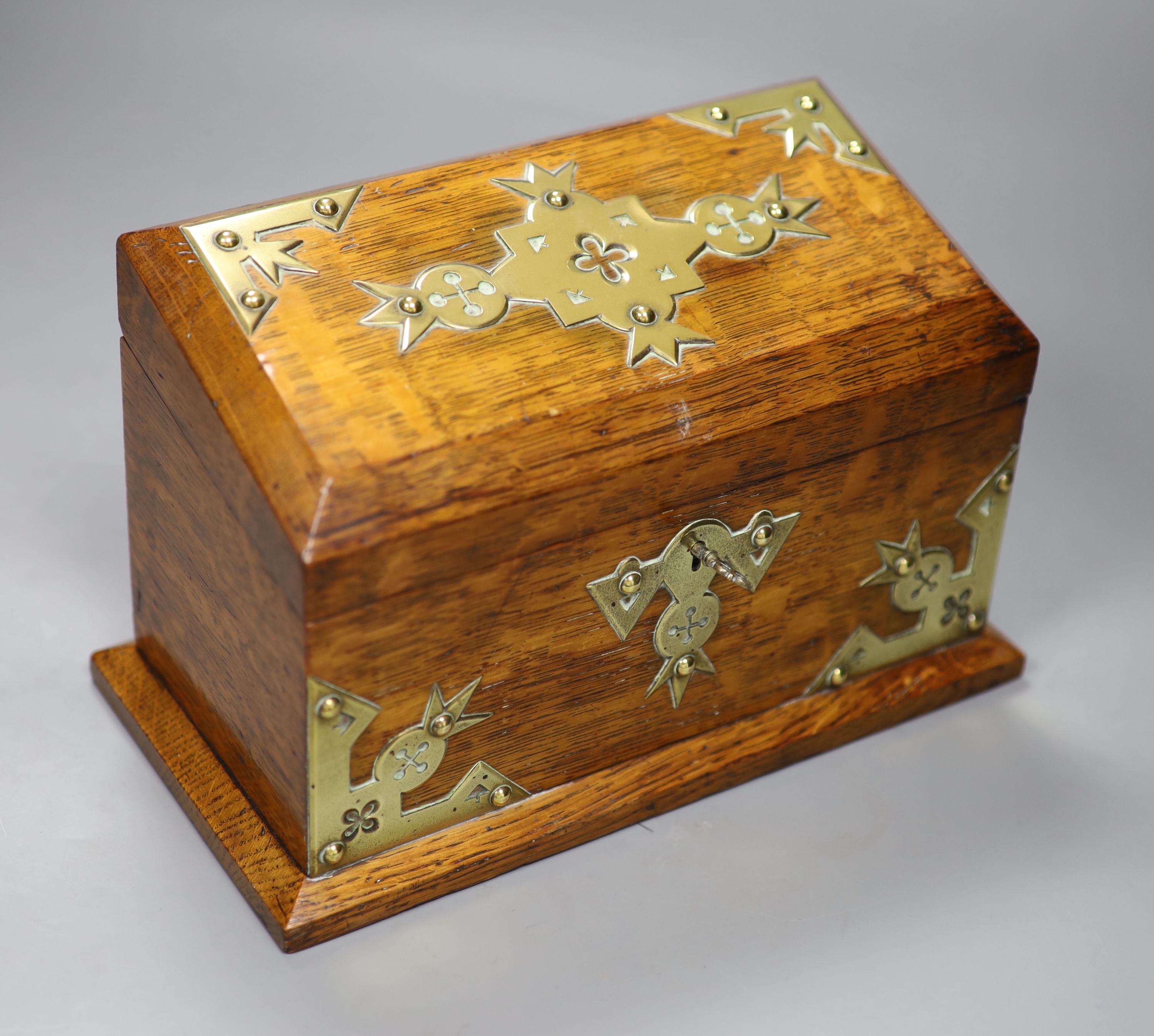 A Victorian oak and brass mounted stationary box and an early 20th century brass and oak 'Papers' - Image 3 of 5