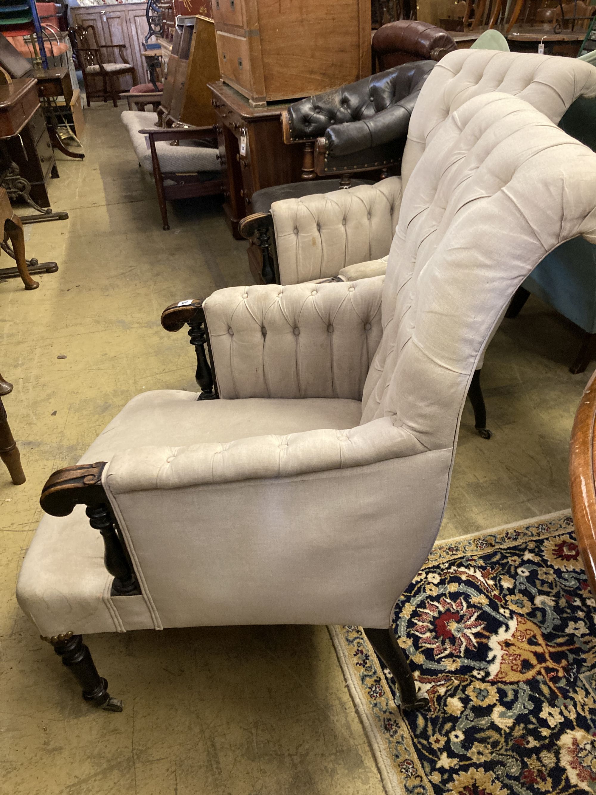 A pair of Victorian upholstered armchairs, width 66cm, depth 90cm, height 100cm - Image 3 of 4