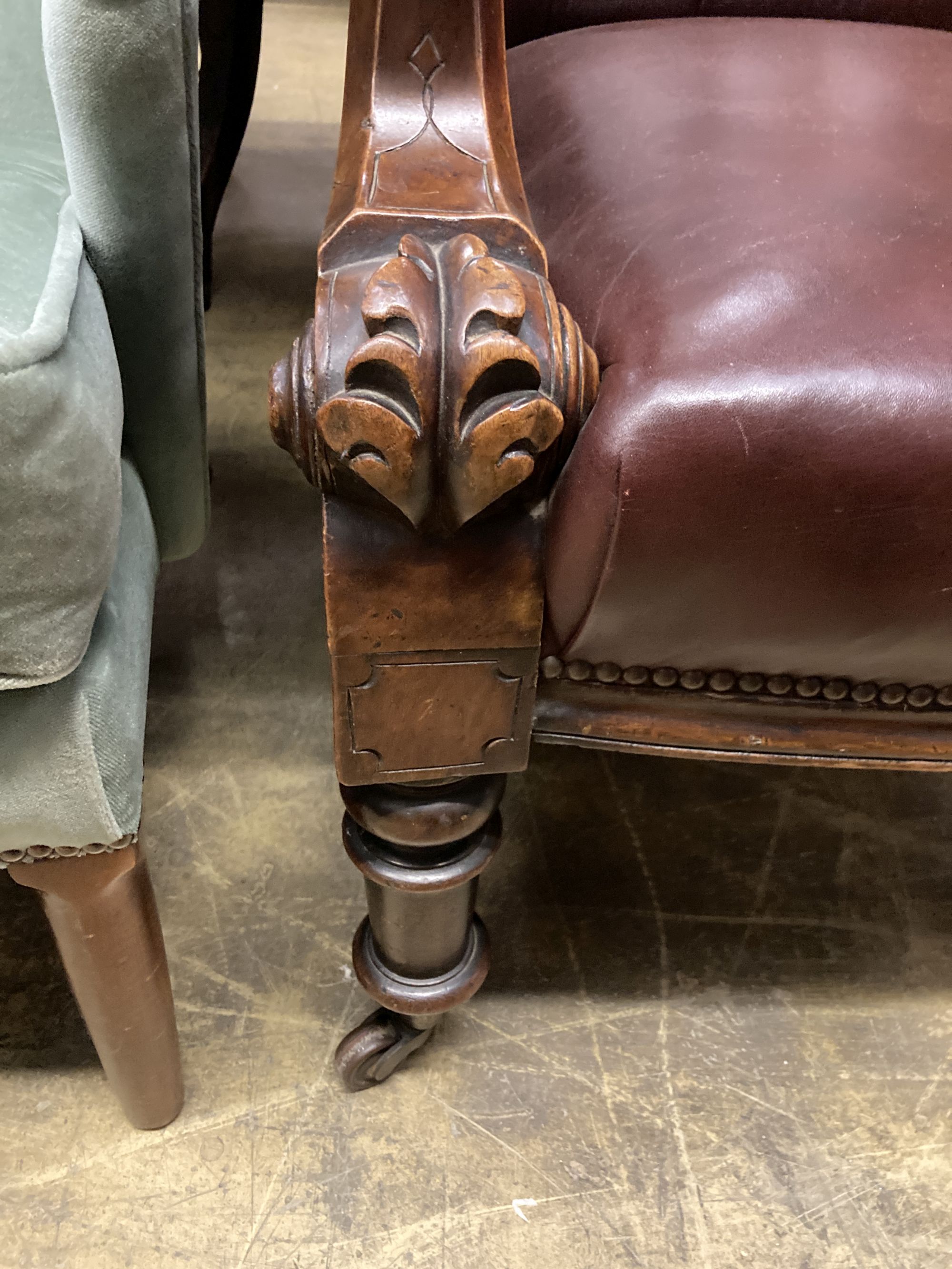 An early Victorian burgundy leather library chair, width 68cm, depth 80cm, height 98cm - Image 4 of 4