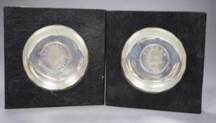 China, coins, two white metal pin trays inset with Republic period coins in sealed frames one back