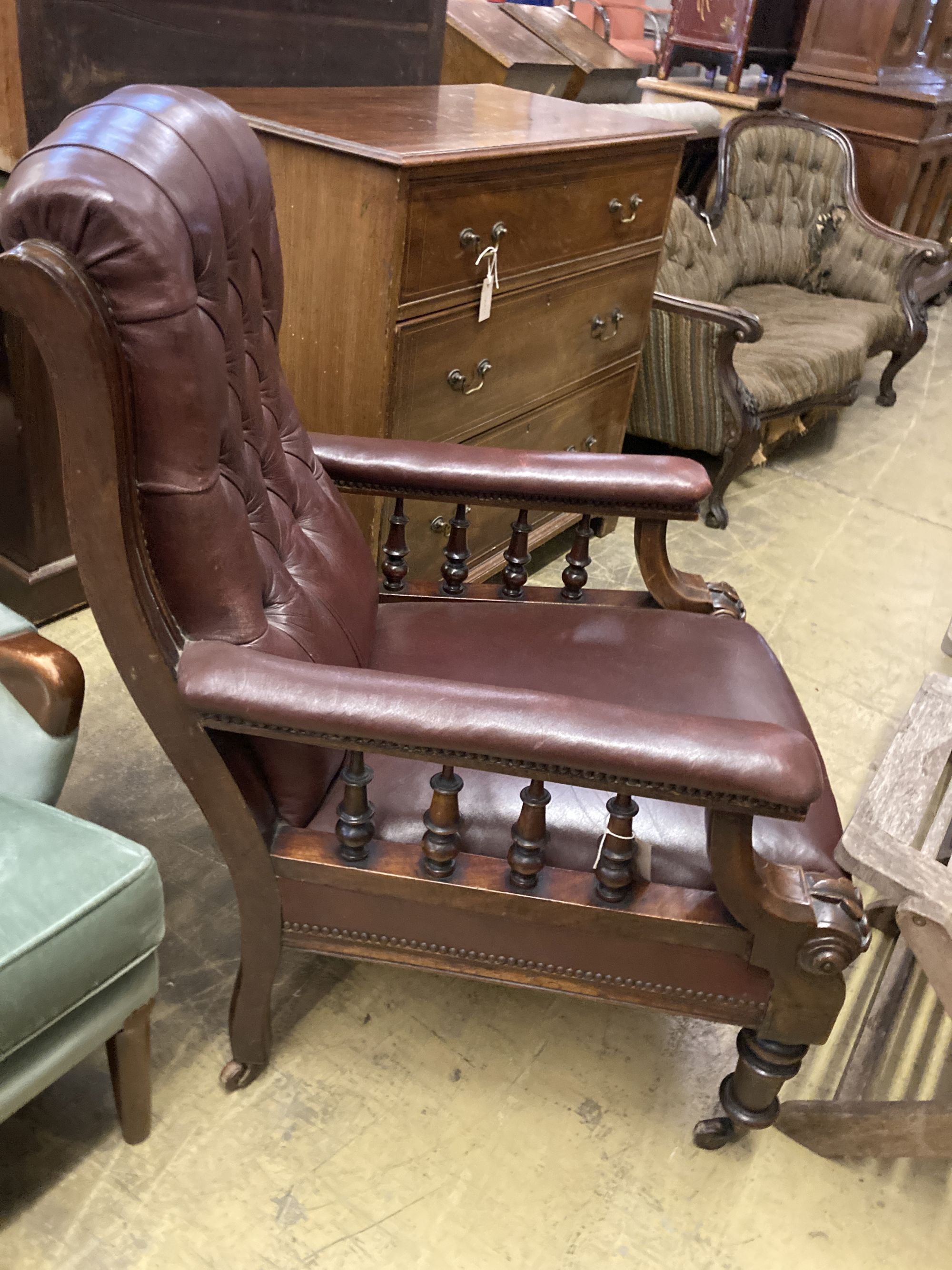 An early Victorian burgundy leather library chair, width 68cm, depth 80cm, height 98cm - Image 3 of 4