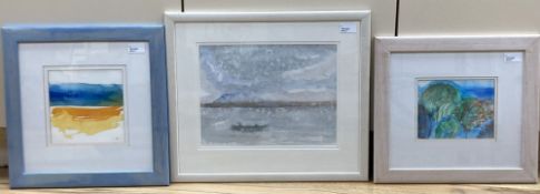 Ann Brunskill (1923-2018), three watercolours, misty loch scene with rowing boat, signed and