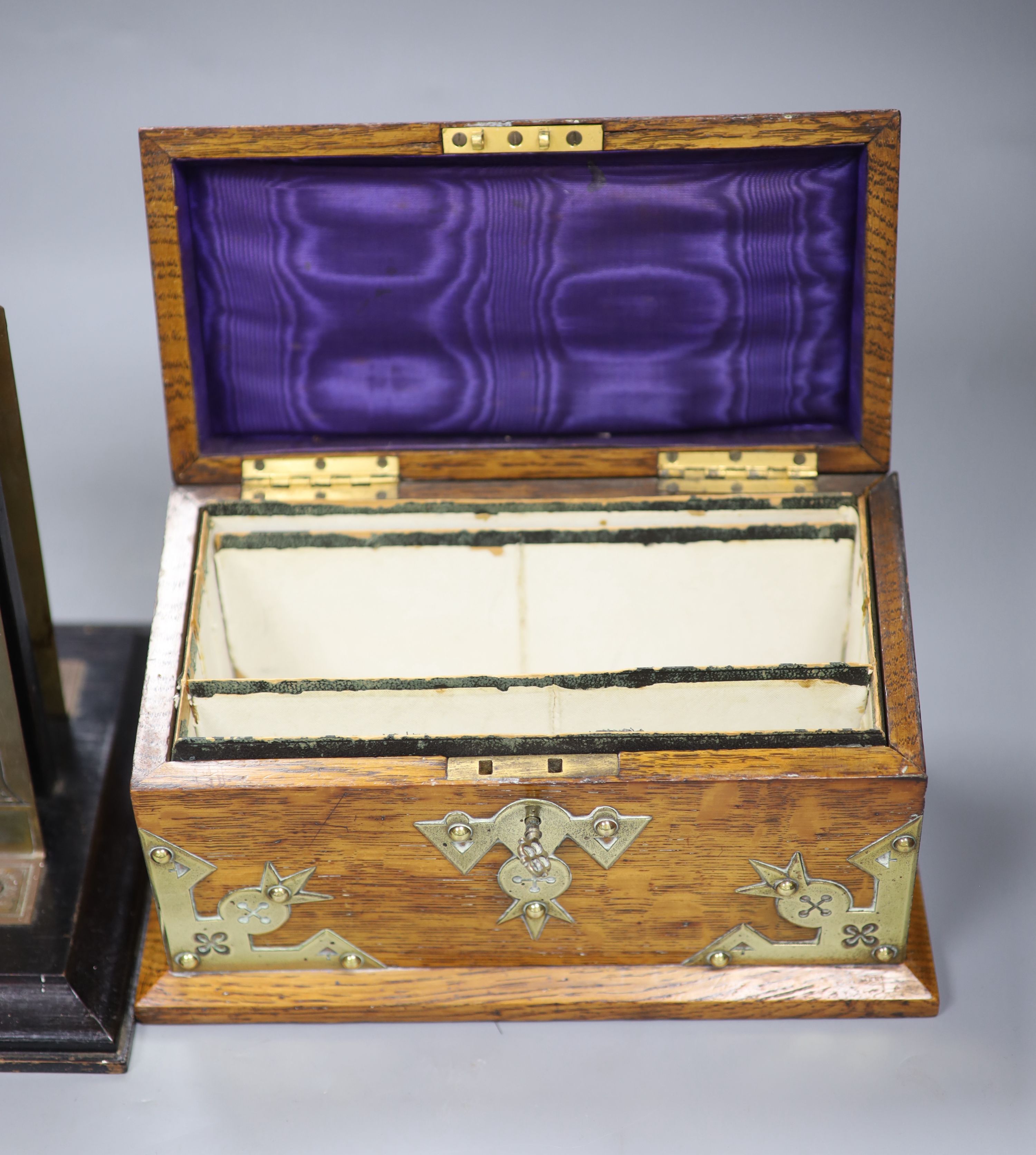 A Victorian oak and brass mounted stationary box and an early 20th century brass and oak 'Papers' - Image 2 of 5
