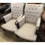 A pair of Victorian upholstered armchairs, width 66cm, depth 90cm, height 100cm