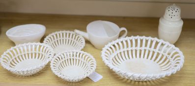 Victorian Wedgwood creamware: four baskets, a sugar sifter, a jelly mould and an invalid feeder