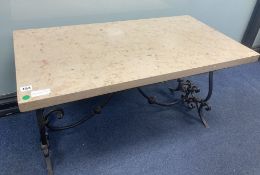 A rectangular reconstituted marble topped and wrought iron coffee table, width 94cm, depth 50cm,