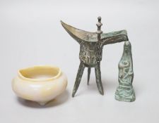 A hardstone censer, a Chinese bronze deity and a bronze jue, tallest 13cm,