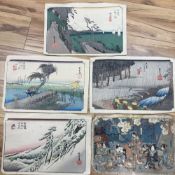 Japanese School , five woodblock prints, Women in a garden and other studies, 24 x 35cm, unframed