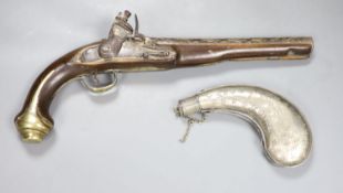 An 18th century Turkish flintlock pistol and an Eastern white metal powder flask