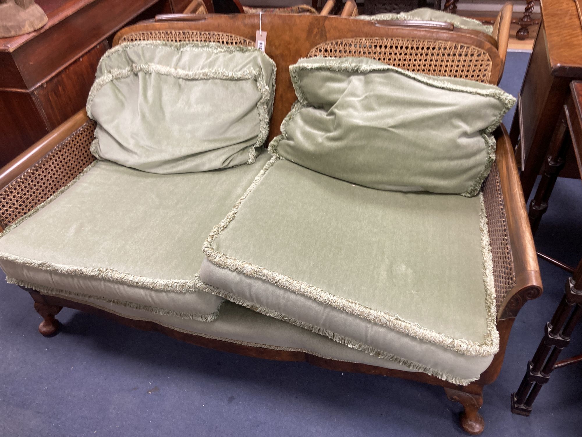 A 1920's mahogany framed three piece Bergere suite, together with a stool - Image 4 of 8