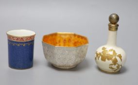 A Wedgwood lustre small bowl, a Wedgwood cup and a scent bottle and stopper, 11cm