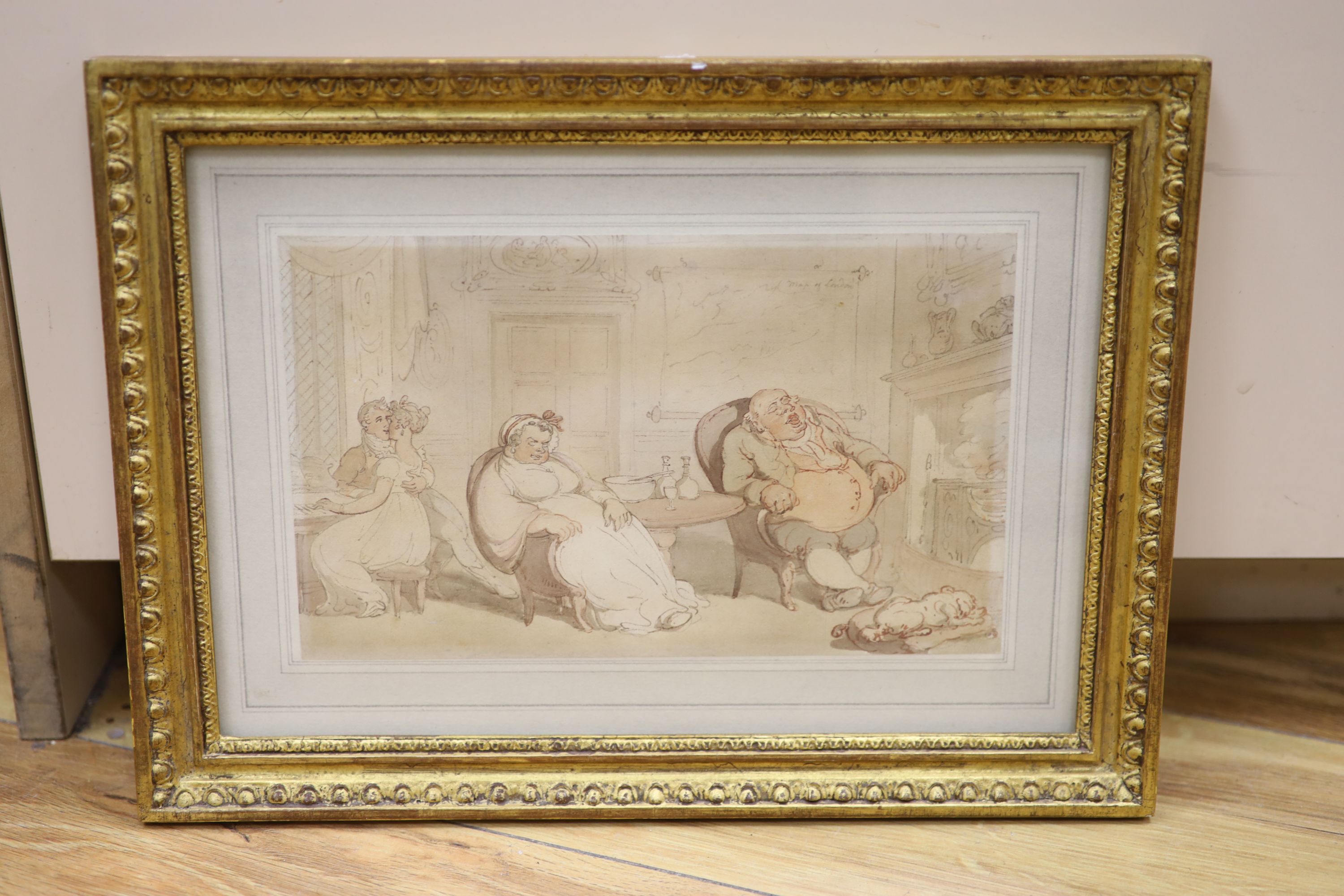 Thomas Rowlandson (1756-1827), ink and watercolour, 'The Music Lesson', Agnews label verso, 14 x - Image 2 of 3