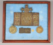 Two 19th Russian Orthodox church folding brass diptychs and two Catholic bronze medallions and