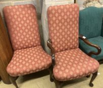 A pair of George I style upholstered mahogany dining chairs (one with arms), width 64cm depth 64cm