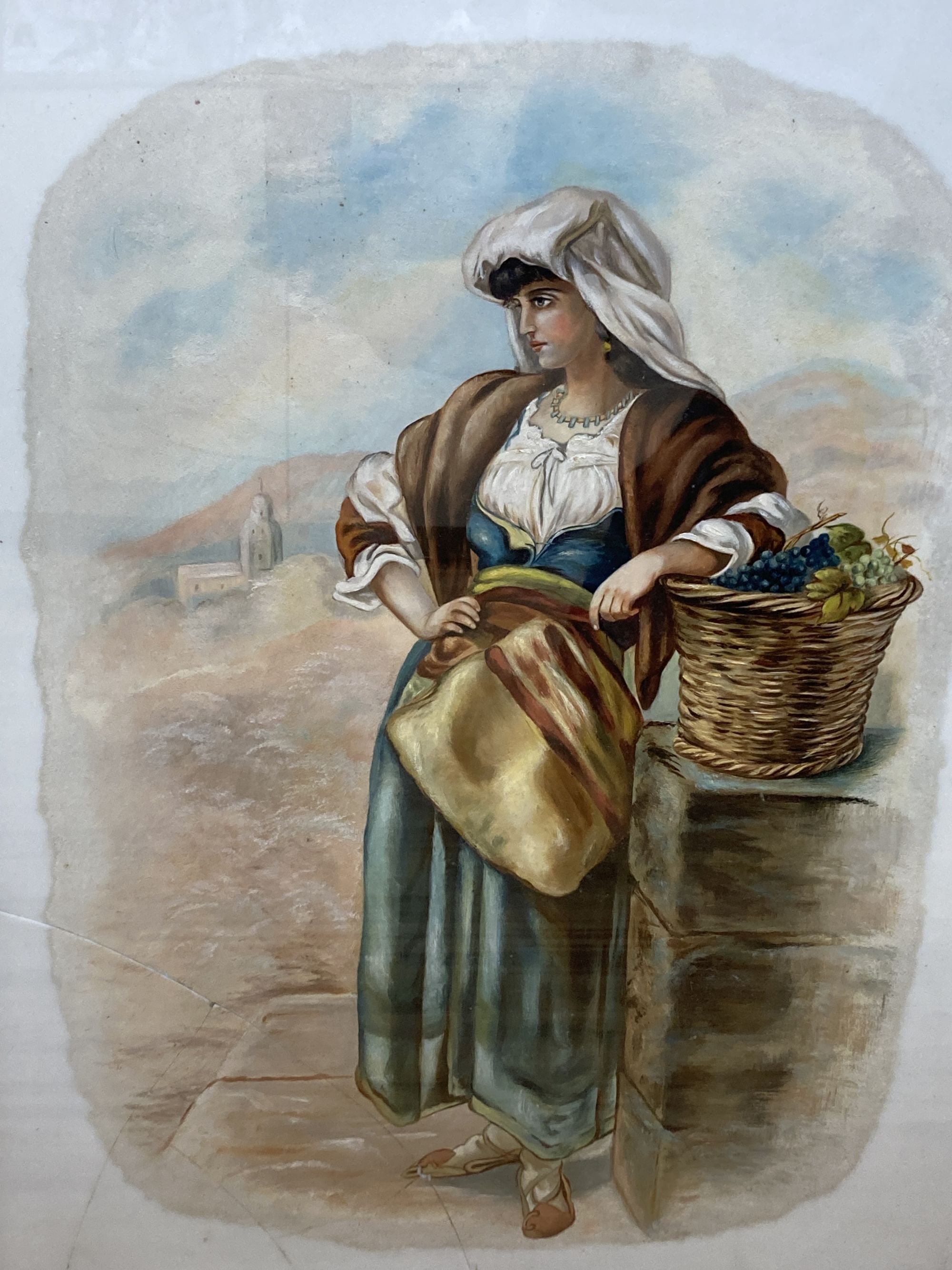 Flora Holliday (C19th), pair of oils on opaque glass panels, Italian peasant women, one signed and - Image 4 of 6