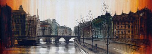 Ronald N. Folland (1932-), oil on board, 'Au bord de la Seine', signed, 44 x 121cm 18 x 48in.