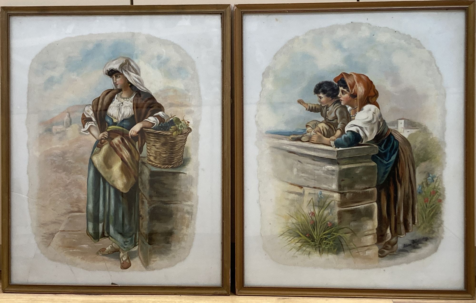 Flora Holliday (C19th), pair of oils on opaque glass panels, Italian peasant women, one signed and