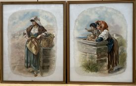 Flora Holliday (C19th), pair of oils on opaque glass panels, Italian peasant women, one signed and