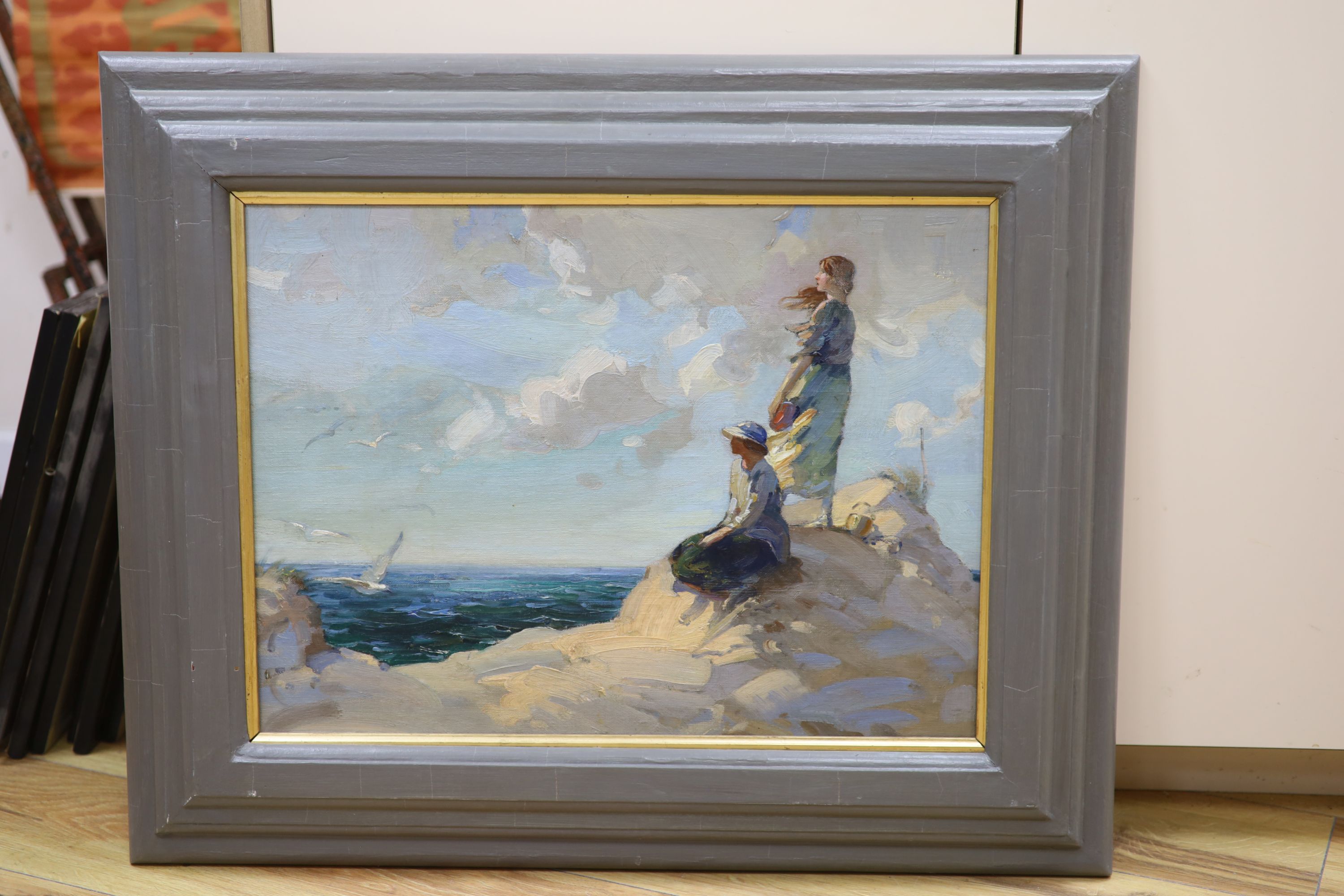 British School (20th century), Coastal scene with two young woman on a sand dune looking out to sea, - Image 2 of 3