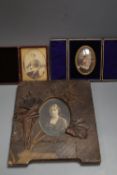 Three framed photographic miniatures, one hand coloured