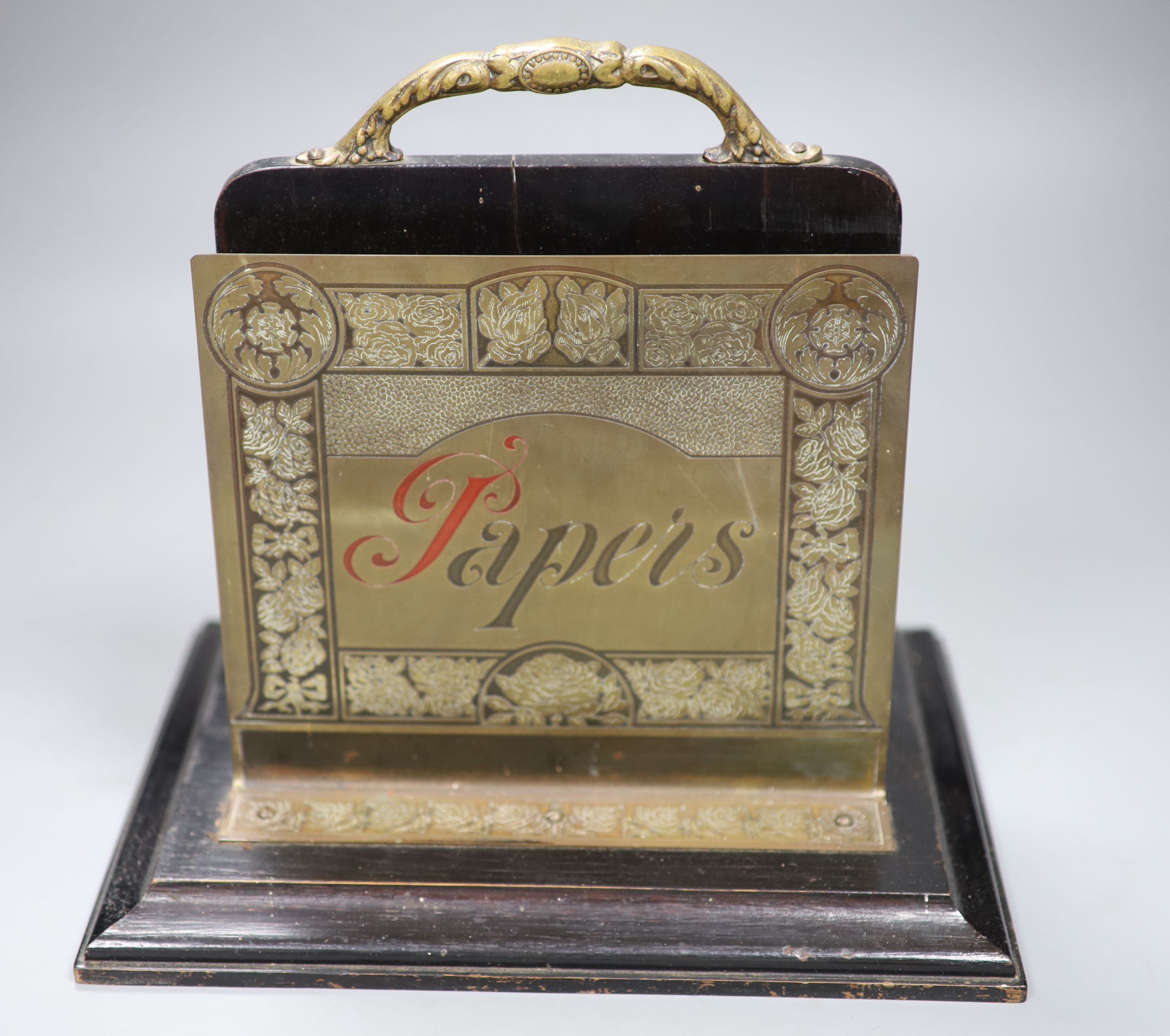 A Victorian oak and brass mounted stationary box and an early 20th century brass and oak 'Papers' - Image 4 of 5